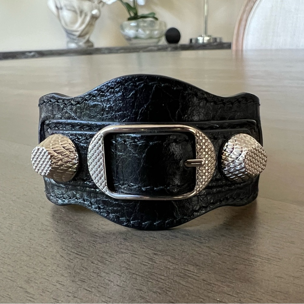 Balenciaga Black Leather Bracelet with Ridged Silver Studs